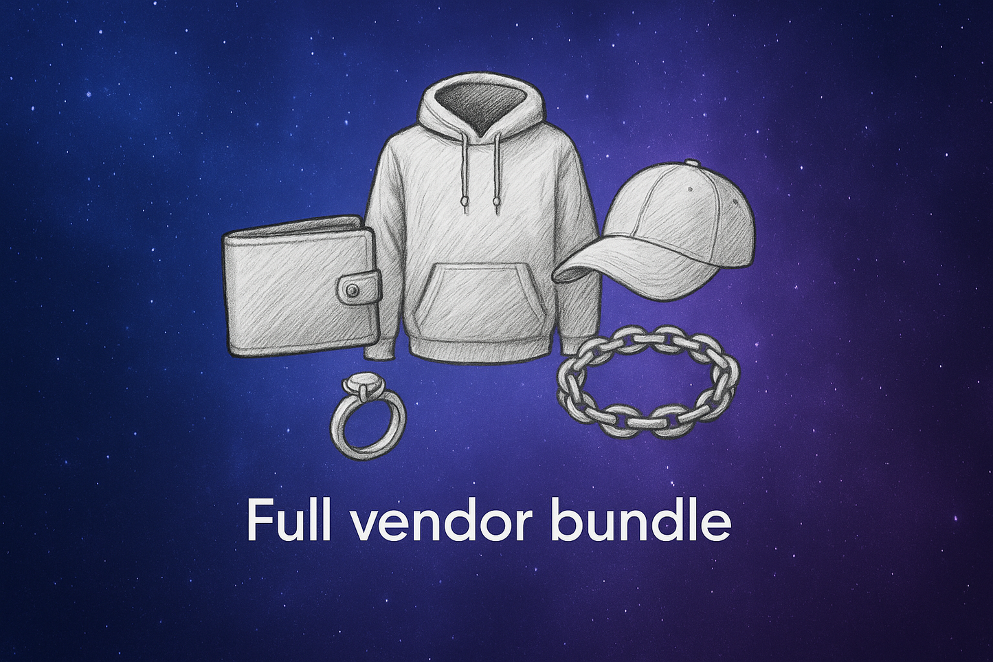 bakgrund: blå/lila, lite som rymden. i mitten ska du med en blyertspenna rita et plånbok, hoodie, keps, smycken och under det ska du skriva 'Full vendor bundle'. håll allting relativt litet så det ser bra ut om man kollar från mobilen. ha olika lite olika djup på de olika sakerna du ritar. så nån kanske ser lite mindre ut och nån lite större. ha det också lite lite utspritt, men inte alls för mcyket för de ska fortfarande se bra ut från mobilen. texten ska även vara på bara 1 rad