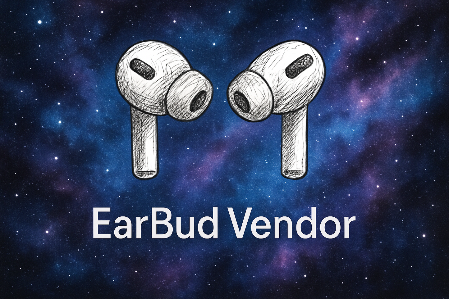 skapa en backgrund som är blå/ lila, som rymden. Det ska vara 2 airpods pro som ska se ritade ut, och under de ska de stå EarBud Vendor