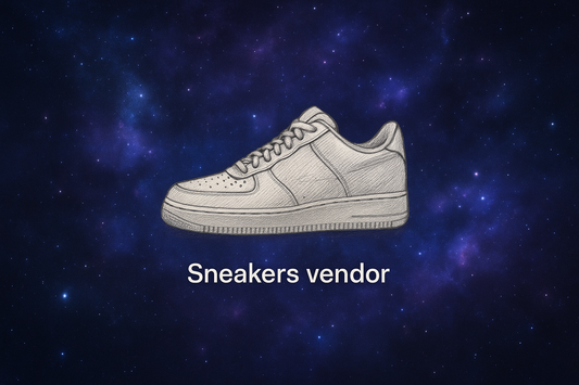 bakgrund: blå/ lila, lite som rymden. i mitten ska du med en blyertspenna rita en air force one fast utan nike loggan. under det ska du skriva 'Sneakers vendor' i liten text men inte för liten men de sak se bra ut om man kollar från mobilen. håll allt i mitten, rita inte för stort.