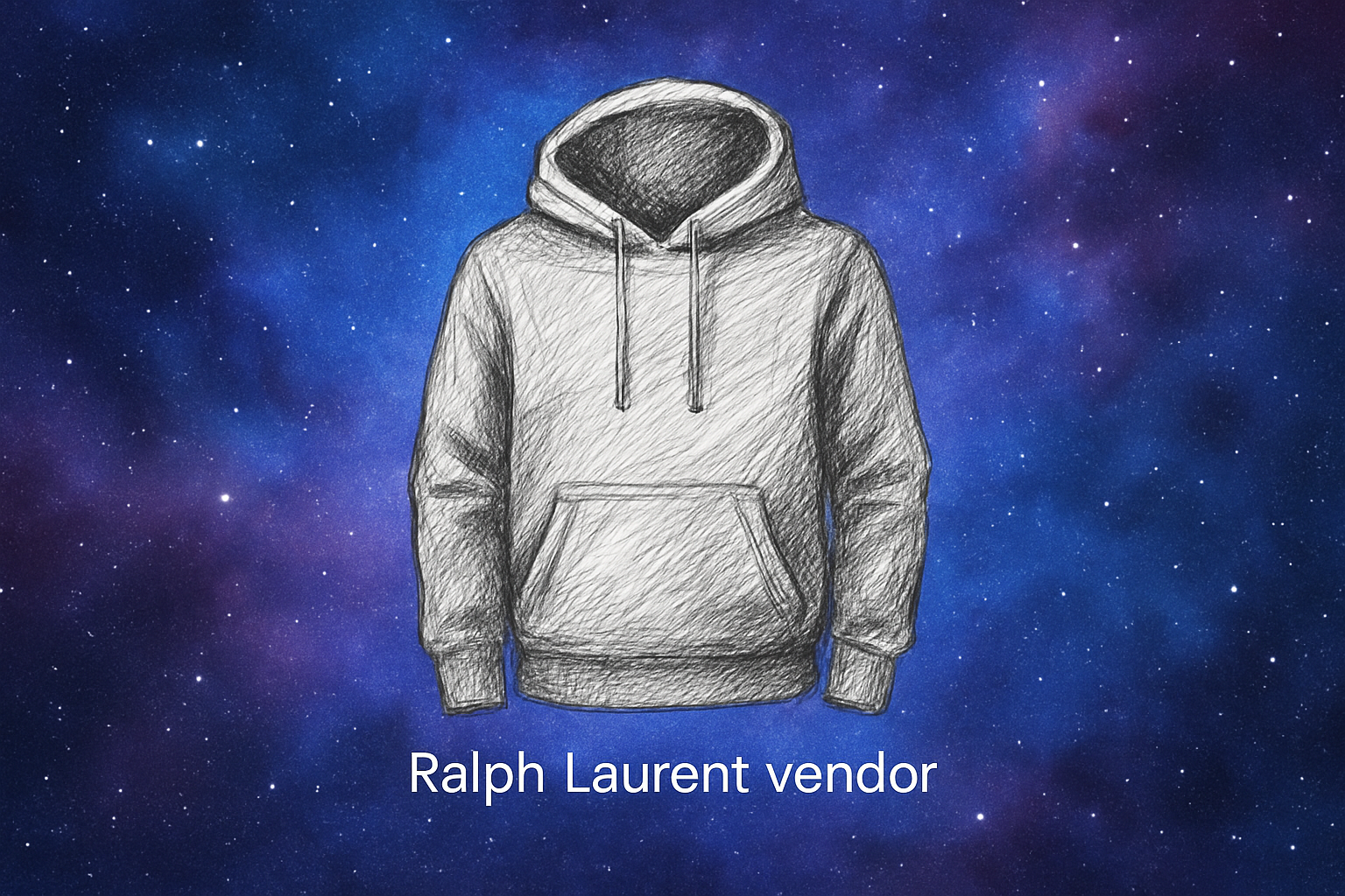 bakgrund: blå/ lila, lite som rymden. i mitten ska du med en blyertspenna rita en hoodie, och under de ska du i hyftsat liten text så att de ser bra ut om man kollar på mobilen skriva 'Ralph Laurent vendor'