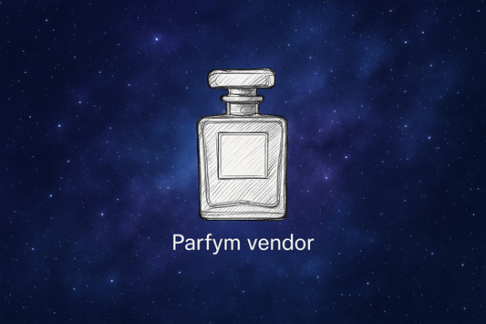 bakgrund: blå/ lila, lite som rymden. i mitten ska du med en blyertspenna rita en parfym. under det ska du skriva 'Parfym vendor' i liten text men inte för liten men de sak se bra ut om man kollar från mobilen. håll allt i mitten och litet men inte för litet.