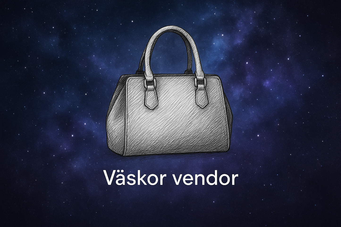 bakgrund: blå/ lila, lite som rymden. i mitten ska du med en blyertspenna rita en väska. under det ska du skriva 'Väskor vendor' i liten text men inte för liten men de sak se bra ut om man kollar från mobilen. håll allt i mitten och litet men inte för litet.