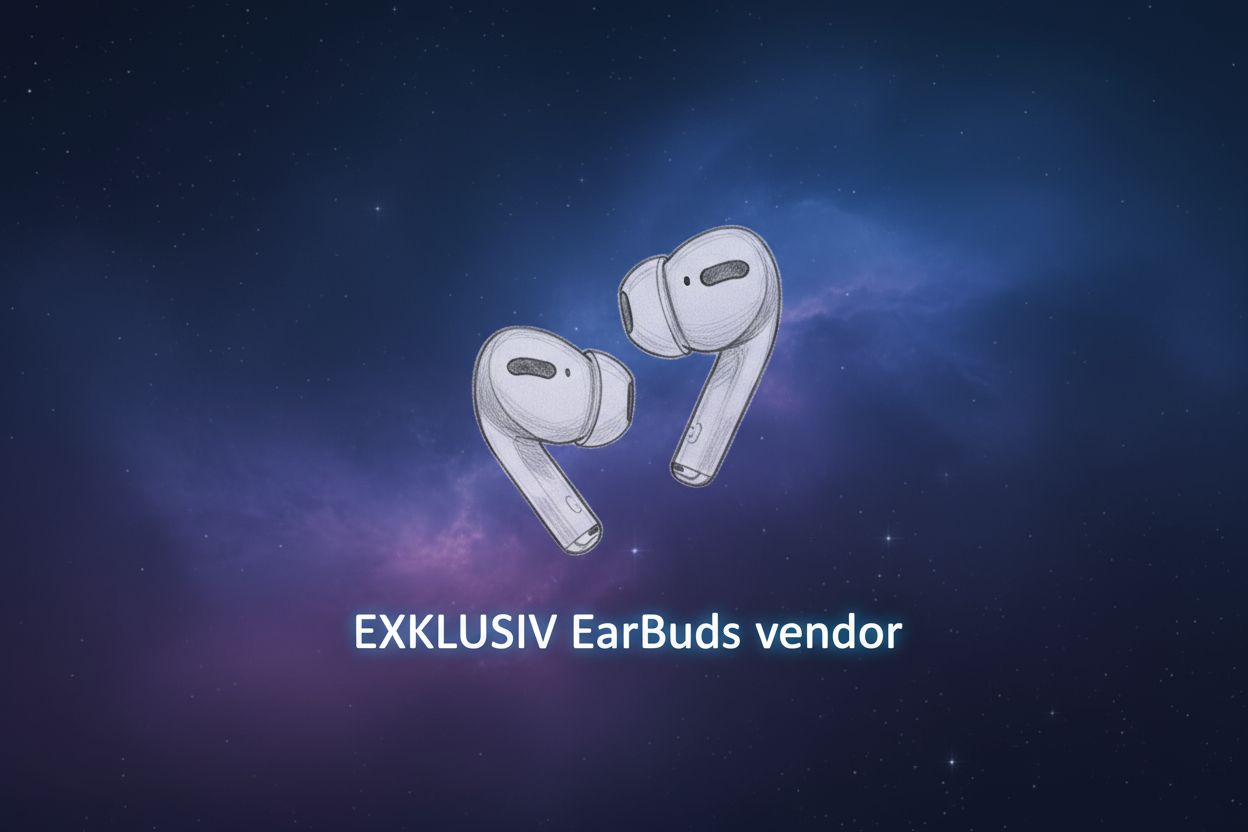 bakgrund: blå/ lila, lite som rymden. i mitten ska du med en blyertspenna rita ett par airpods och under det ska du skriva EXKLUSIV EarBuds vendor. håll allting relativt litet så de ser bra ut om man kollar från mobilen