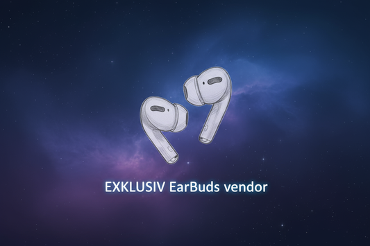 bakgrund: blå/ lila, lite som rymden. i mitten ska du med en blyertspenna rita ett par airpods och under det ska du skriva EXKLUSIV EarBuds vendor. håll allting relativt litet så de ser bra ut om man kollar från mobilen