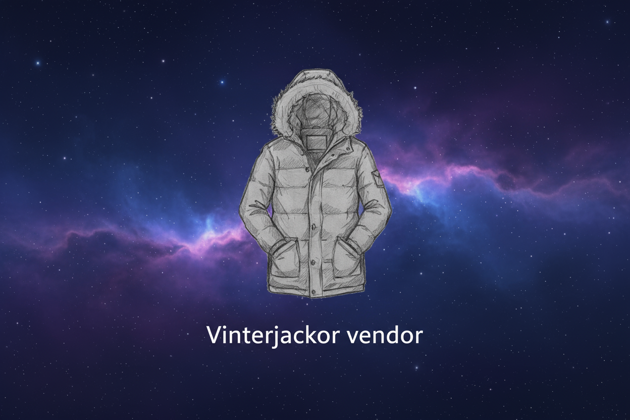 bakgrund: blå/lila, lite som rymden. i mitten ska du rita en vinterjacka med en blyertspenna. under det ska du skriva 'Vinterjackor vendor'. håll alting relativt litet så det ser bra ut om man kollar från mobilen