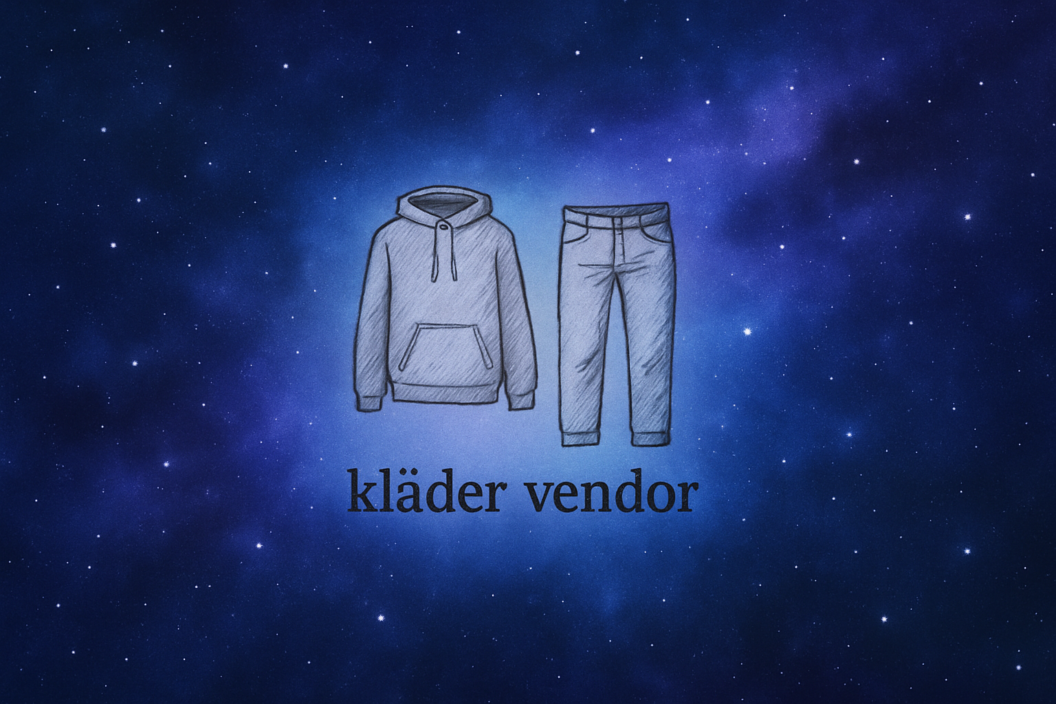 bakgrund-bl-lila-lite-som-rymden-med-en-blyertspenna-ska-du-rita-en-hoodie-och-ett-par-jeans-i-mitten-och-under-det-ska-det-st-kl-der-vendor-h-ll-allting-relativt-litet-s-det-ser-bra. texten 'kläder vendor' ska även vara skriven på bara 1 rad