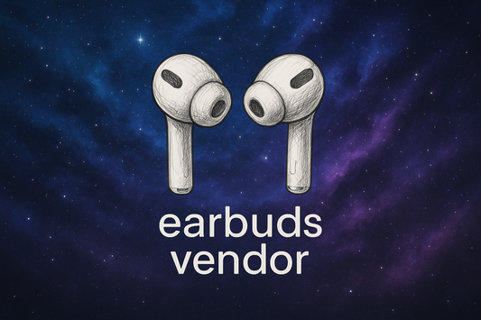 bakgrund: blå/ lila, lite som rymden. rita 2 airpods hörlurar i mitten med blyertspenna och under de ska de stå 'earbuds vendor'