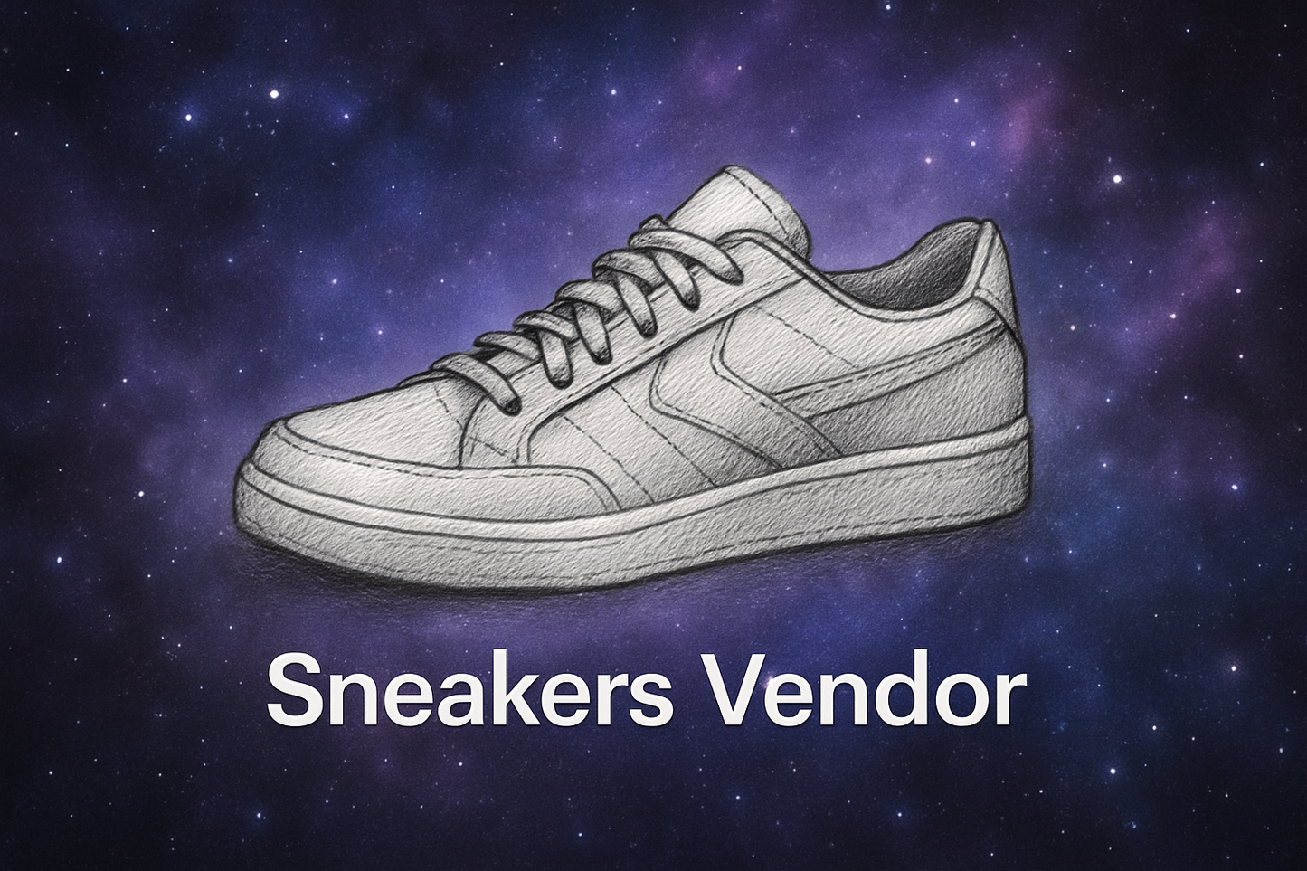 bakgrund ska vara lila/blå, som rymden. Det ska vara en ritat sko i mitten ritad av blyerts, under det ska det stå 'Sneakers Vendor'
