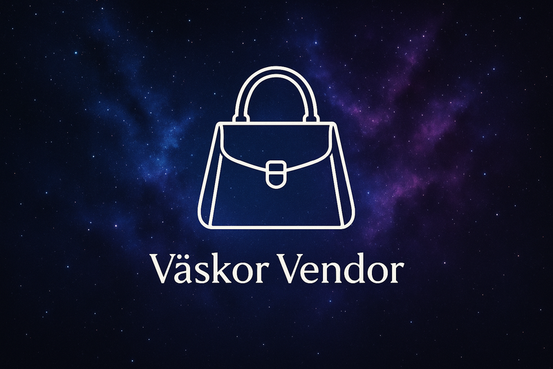 make a background thats blue/ purple, like space. Then add a drawn women bag in the middle. under that make a text that says 'Väskor Vendor'
