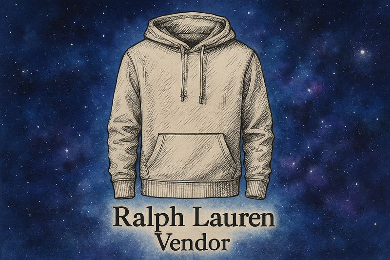 make a drawn hoodie. the background should be blue/ purple, like the space. under the hoodie make a text that says 'Ralph Lauren Vendor'