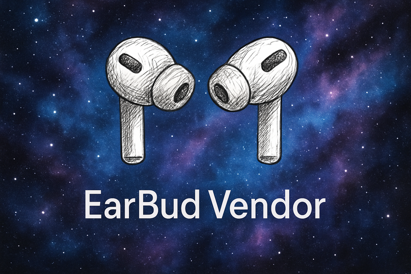skapa en backgrund som är blå/ lila, som rymden. Det ska vara 2 airpods pro som ska se ritade ut, och under de ska de stå EarBud Vendor